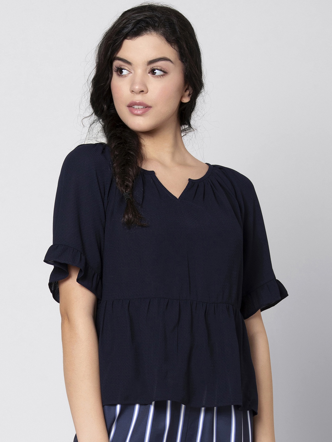 

FabAlley Women Navy Blue Solid A-Line Pure Cotton Top