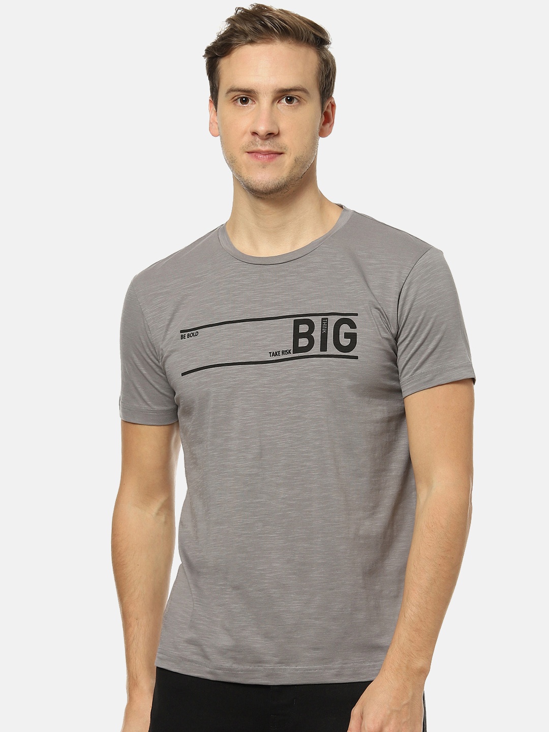

Campus Sutra Men Grey Melange & Black Printed Round Neck T-shirt