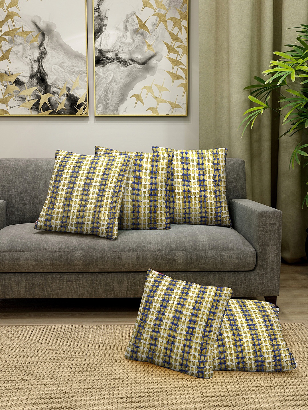 

KLOTTHE Set Of 5 Yellow & Blue Cotton Self-Design Square Cushions