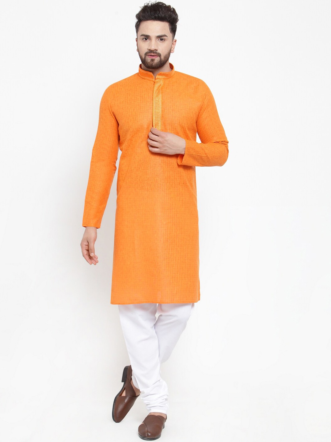 

Jompers Men Orange & White Embroidered Kurta with Churidar