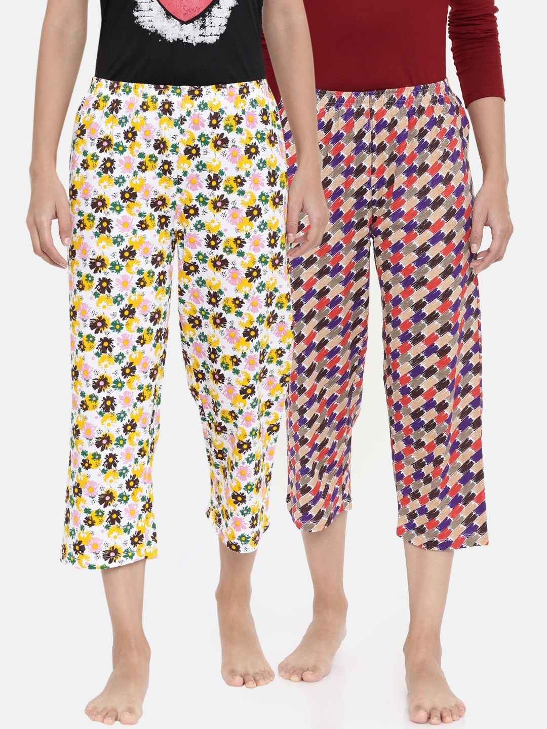 

zebu Women Pack Of 2 Red & Yellow Printed Regular Fit Capris