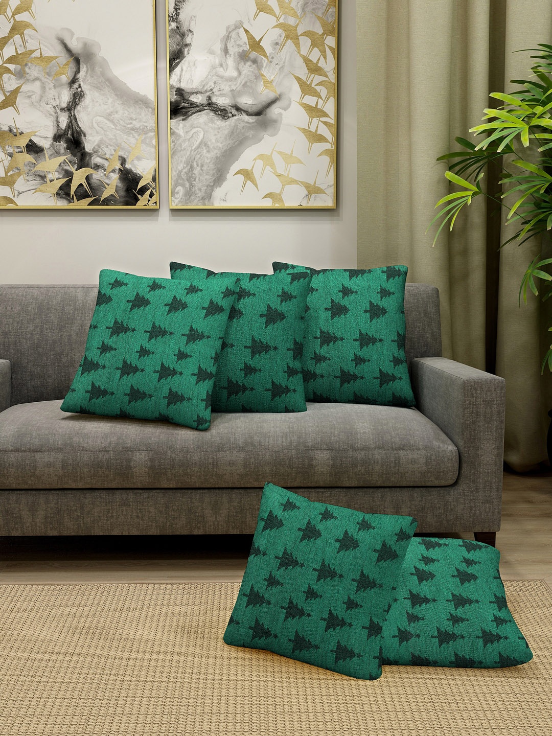 

KLOTTHE Set Of 5 Green & Black Self Design Square Floor Cushions