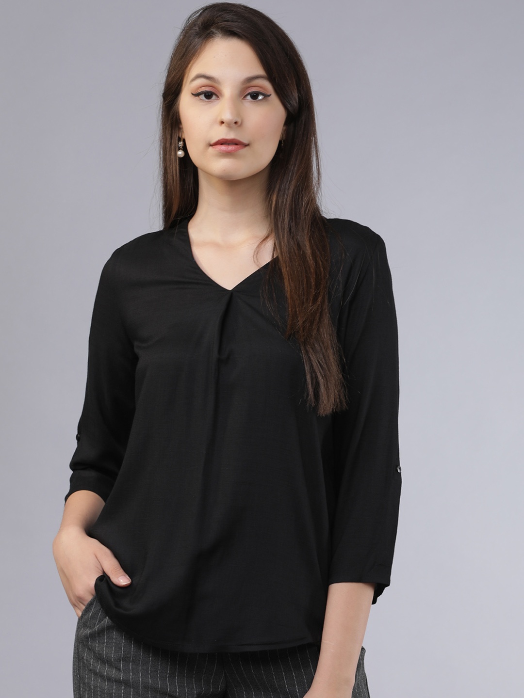 

Basics By Tokyo Talkies Black V-Neck Top With Roll-Up Sleeves