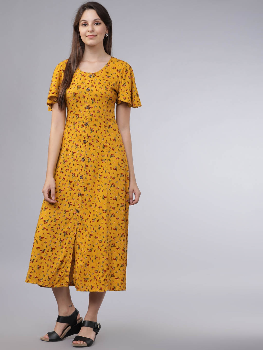 

Tokyo Talkies Women Mustard Yellow Printed A-Line Dress
