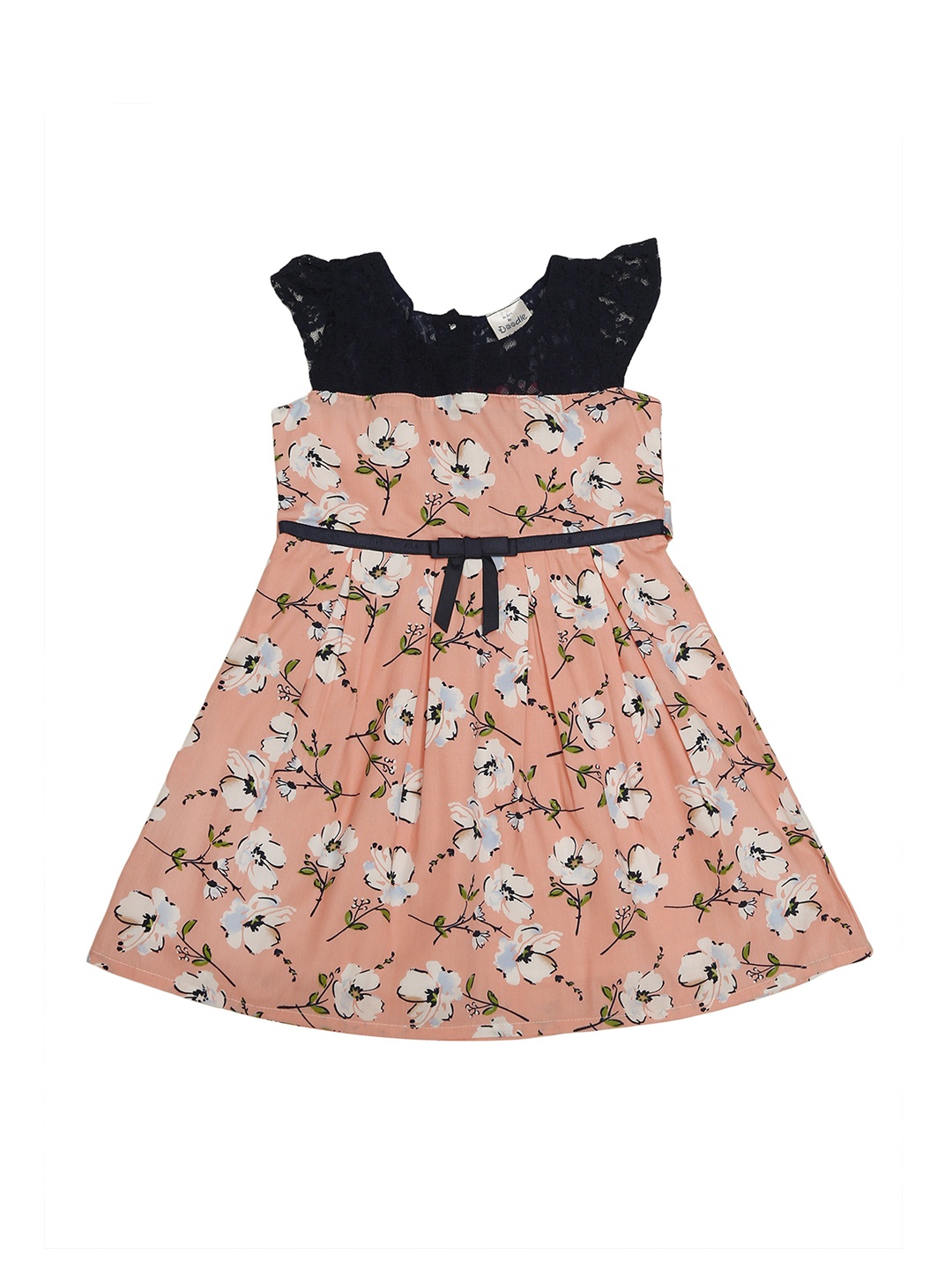 

Doodle Girls Peach-Coloured & Navy Blue Floral Printed Fit and Flare Dress