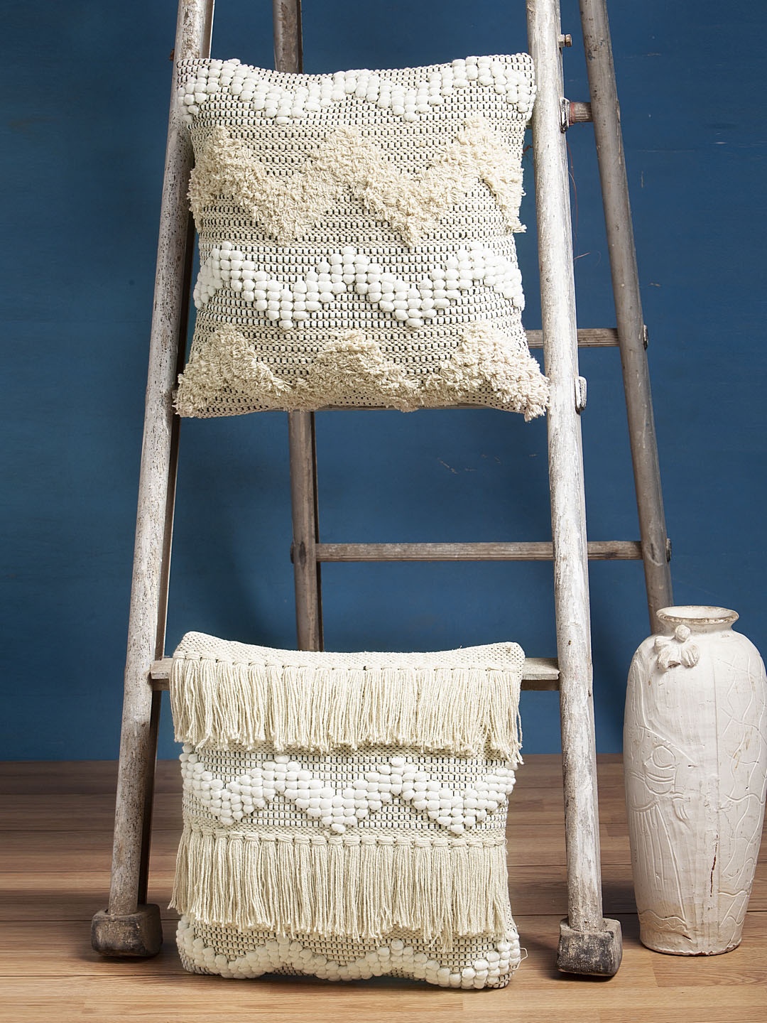 

HOSTA HOMES Beige & White Set of 2 Self Design Square Cushion Covers