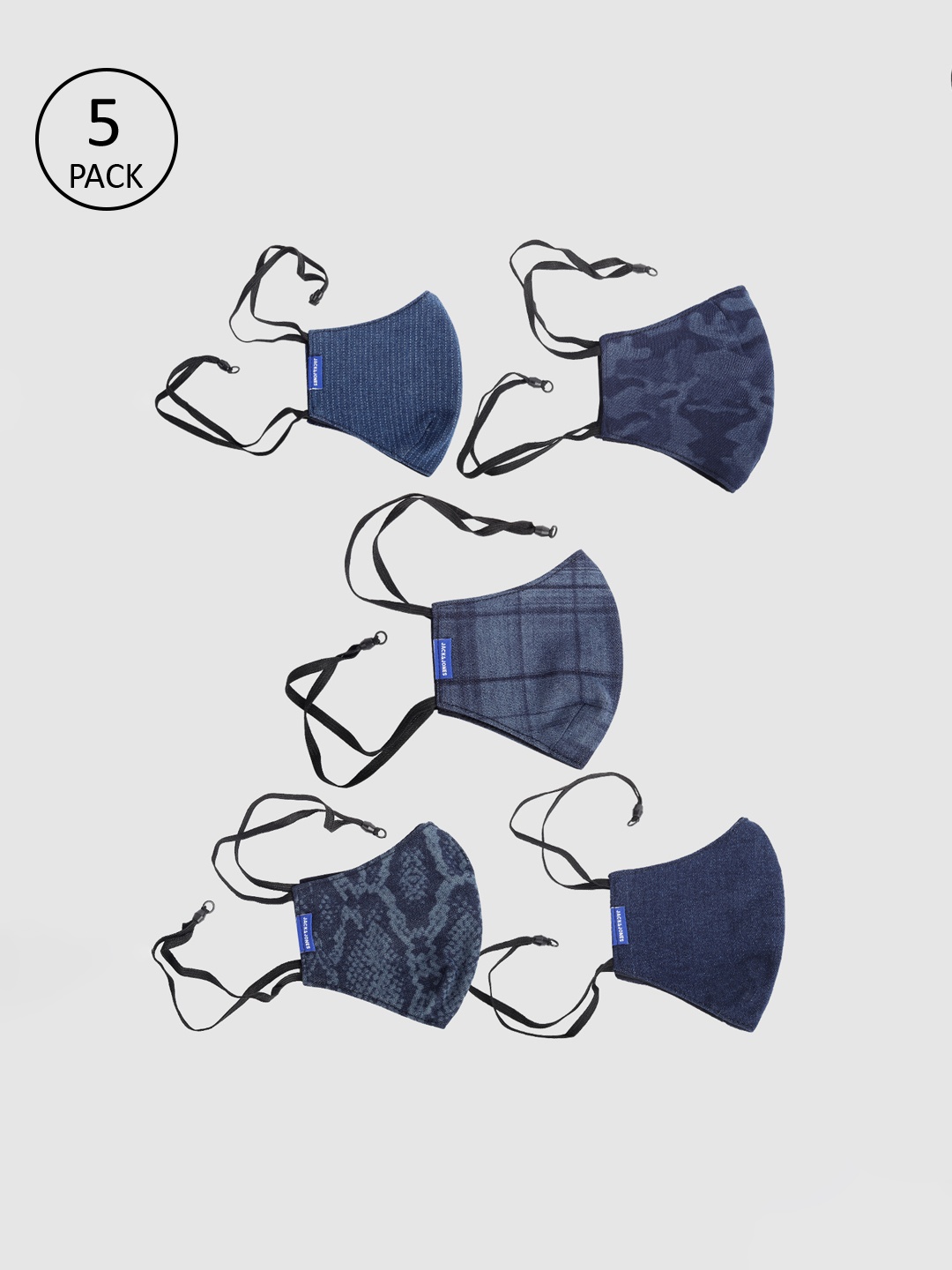 

Jack & Jones Men Pack Of 5 Blue 3-Ply Reusable Adjustable Cloth Masks