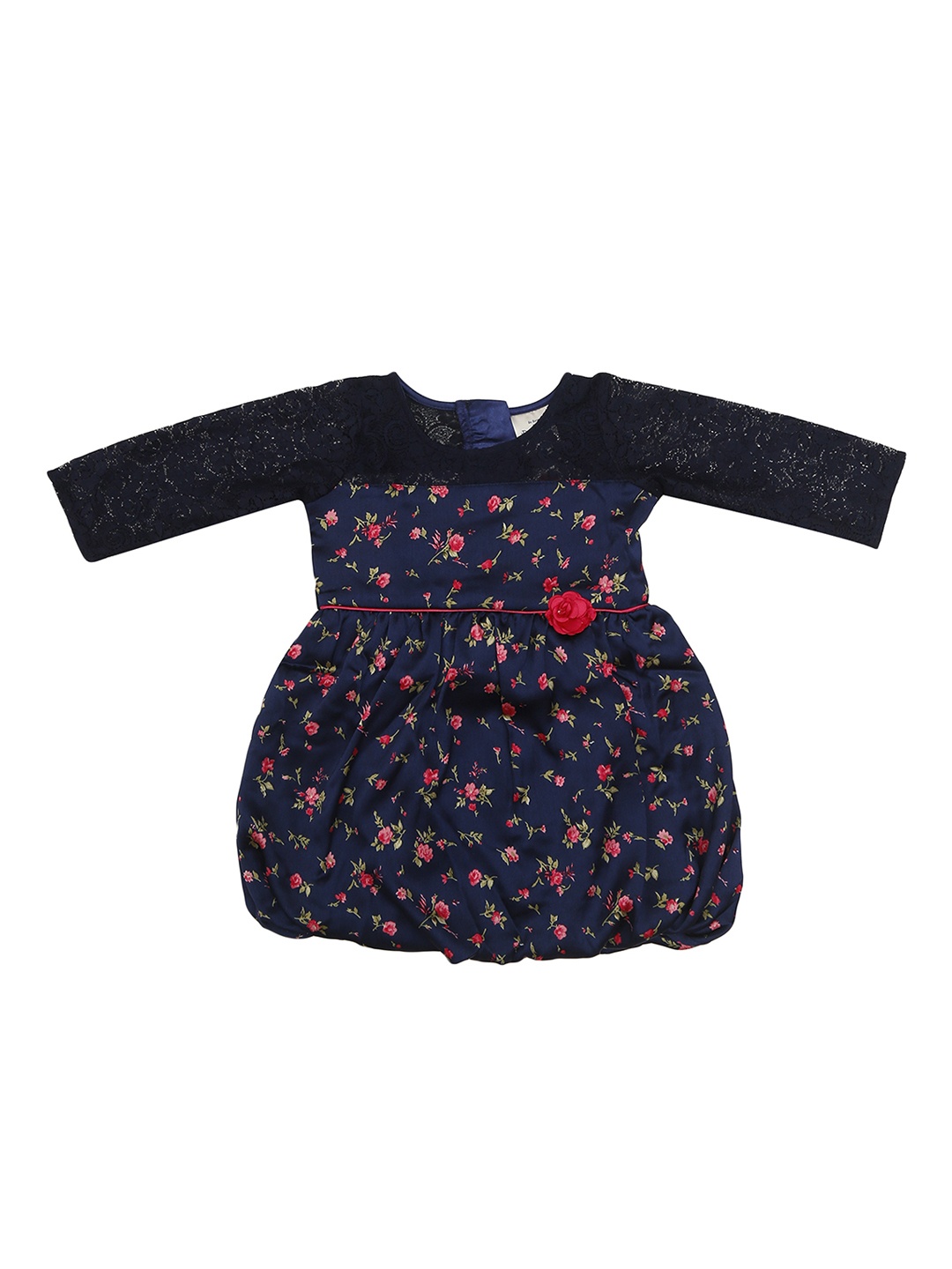 

Doodle Girls Navy Blue Floral Print Balloon Dress with Lace Detail