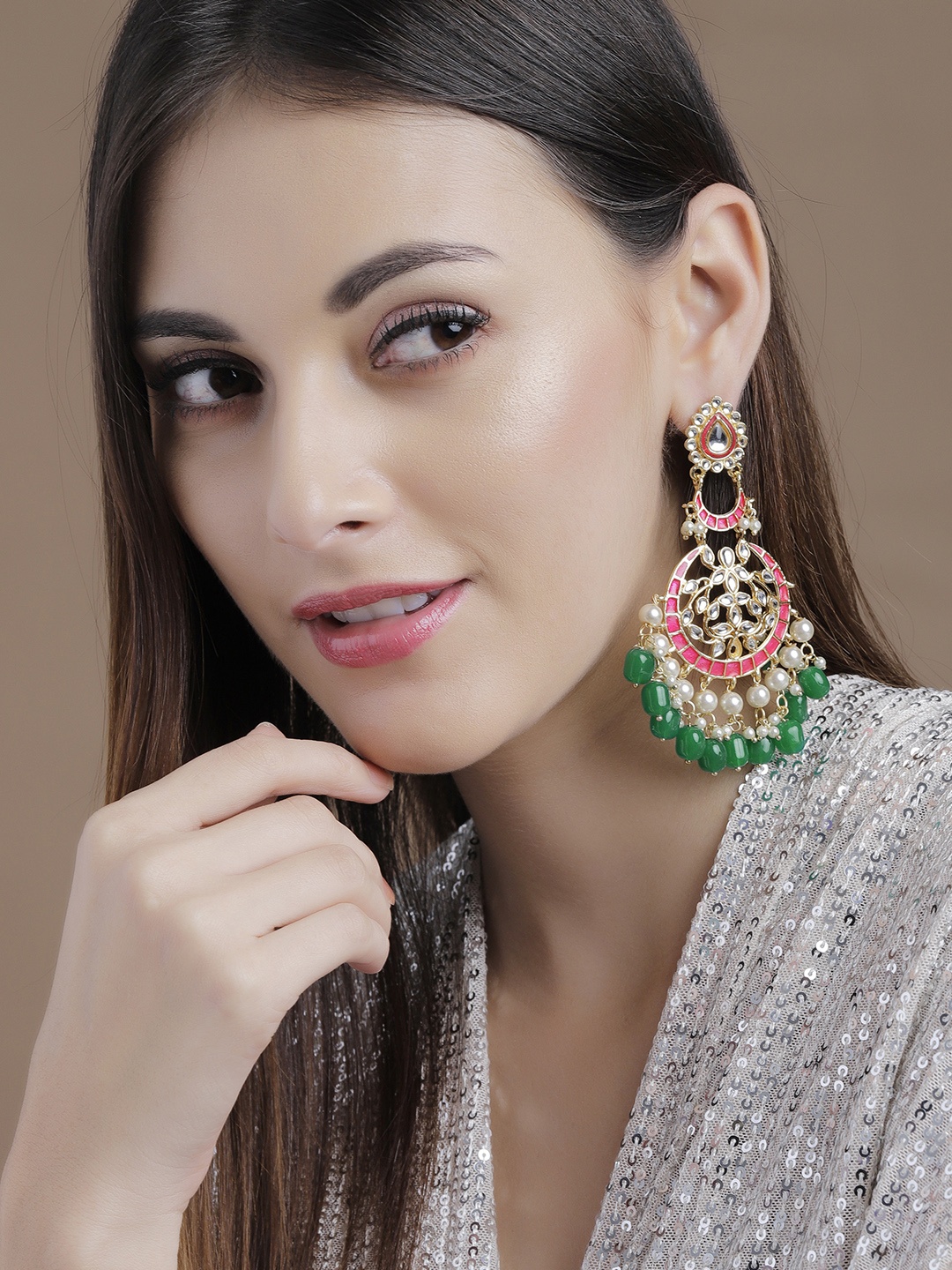 

Rubans Gold & Pink Handcrafted Pearls Chandbali Earrings