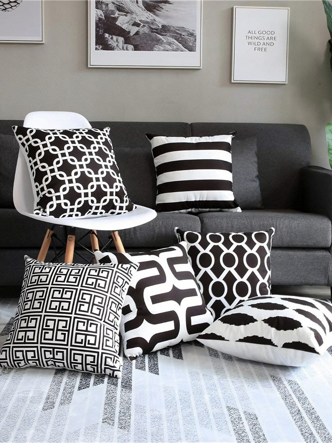 

MODERN HOMES Black & White Set of 6 Geometric Square Cushion Covers