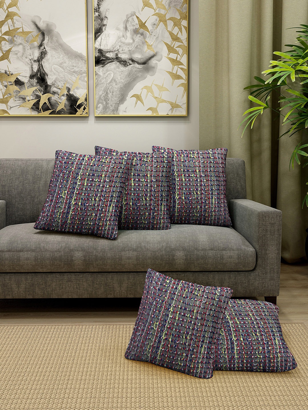 

KLOTTHE Set Of 5 Blue & Red Self-Design Cotton Square Cushions