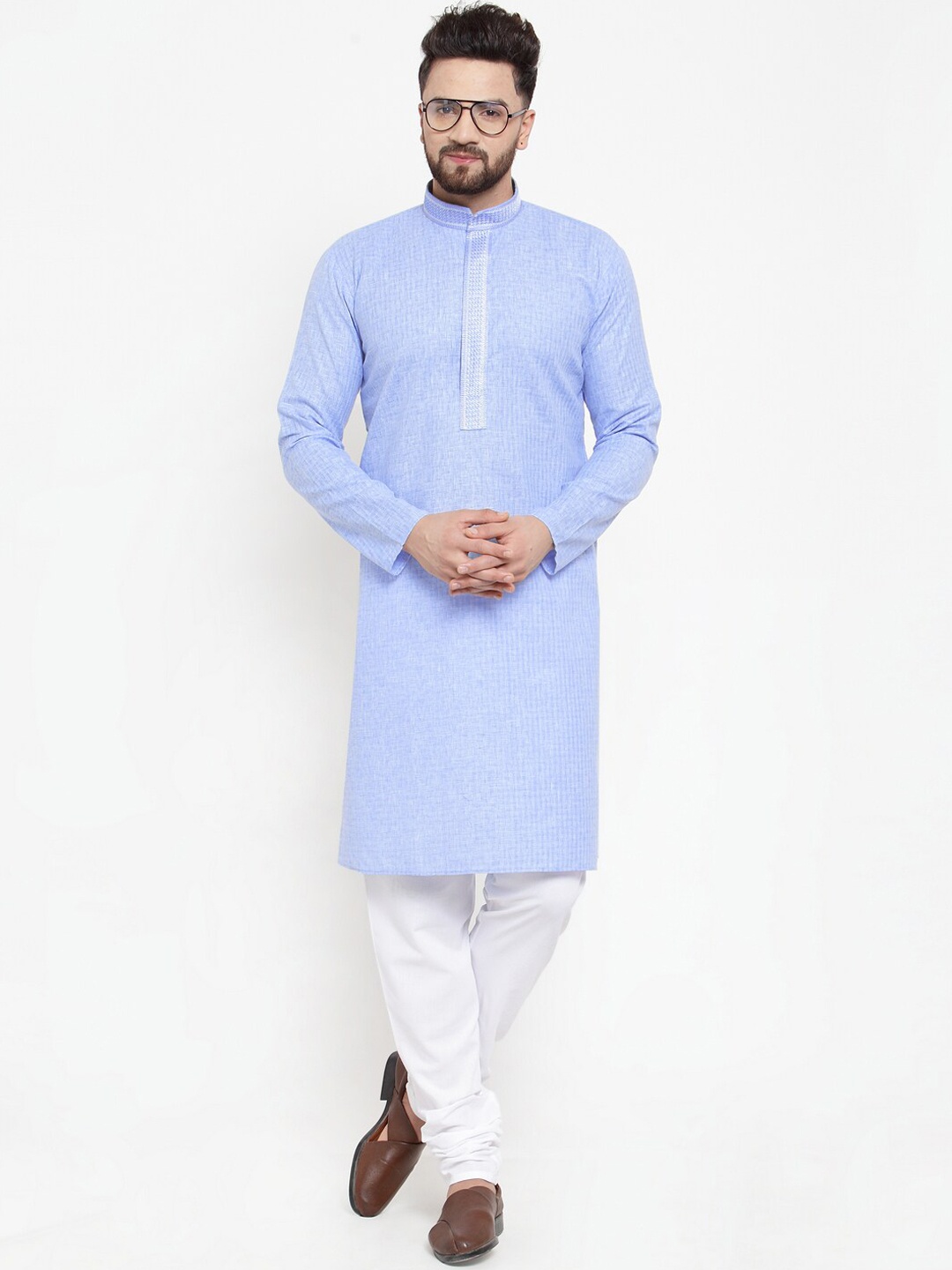 

Jompers Men Blue & White Solid Kurta with Churidar