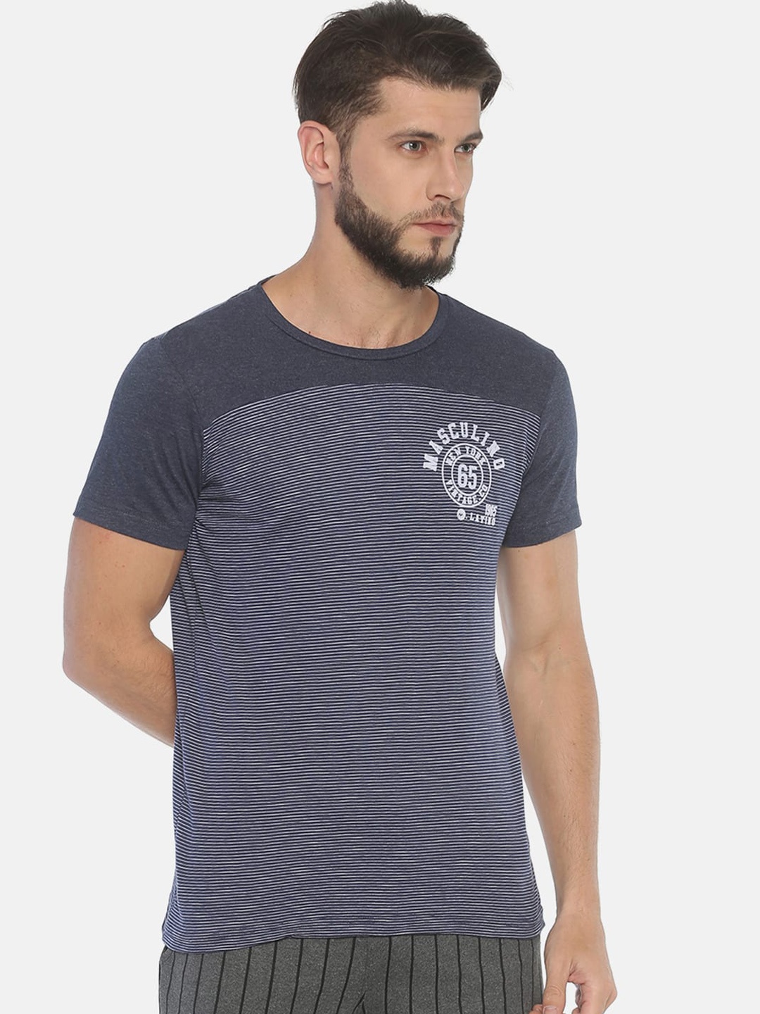 

Masculino Latino Men Navy Blue White Striped Round Neck Pure Cotton T-shirt