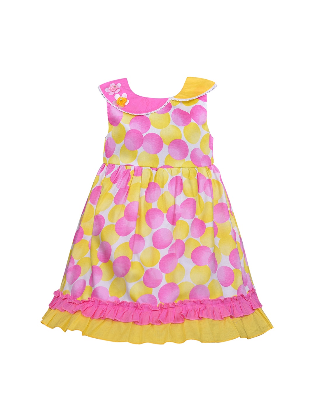 

Wish Karo Girls Yellow & Pink Printed Fit and Flare Dress