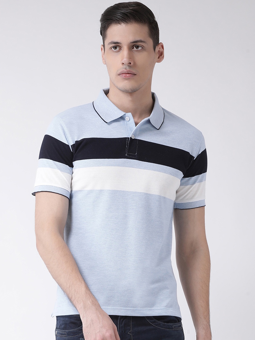 COBB Men Blue Striped Polo Collar T-shirt