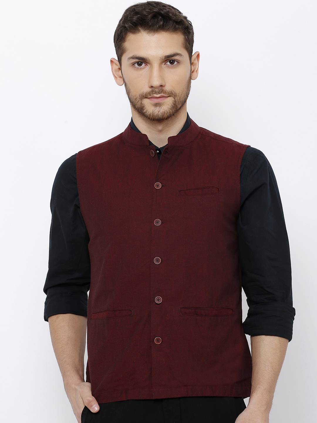 

SALWAR STUDIO Men Maroon Solid Pure Cotton Nehru Jacket