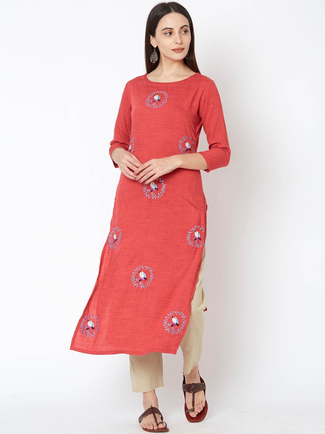 

FASHOR Women Pink & Blue Embroidered Straight Kurta