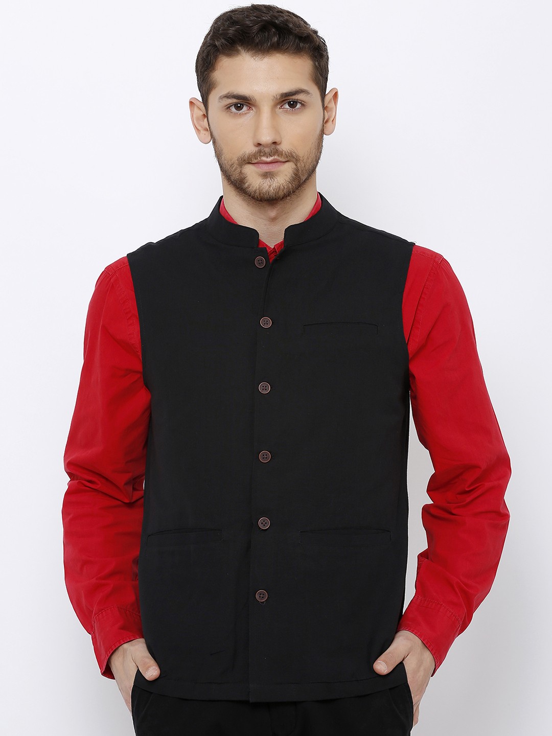 

SALWAR STUDIO Men Black Solid Pure Cotton Nehru Jacket