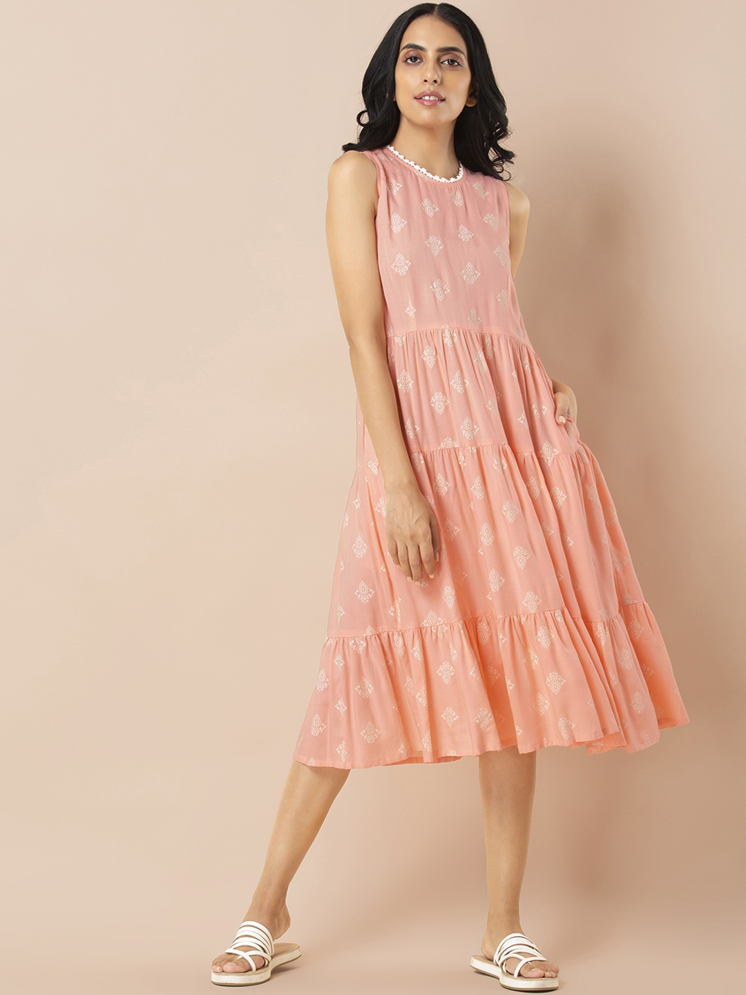 

INDYA Women Peach-Coloured Printed Tiered Dress