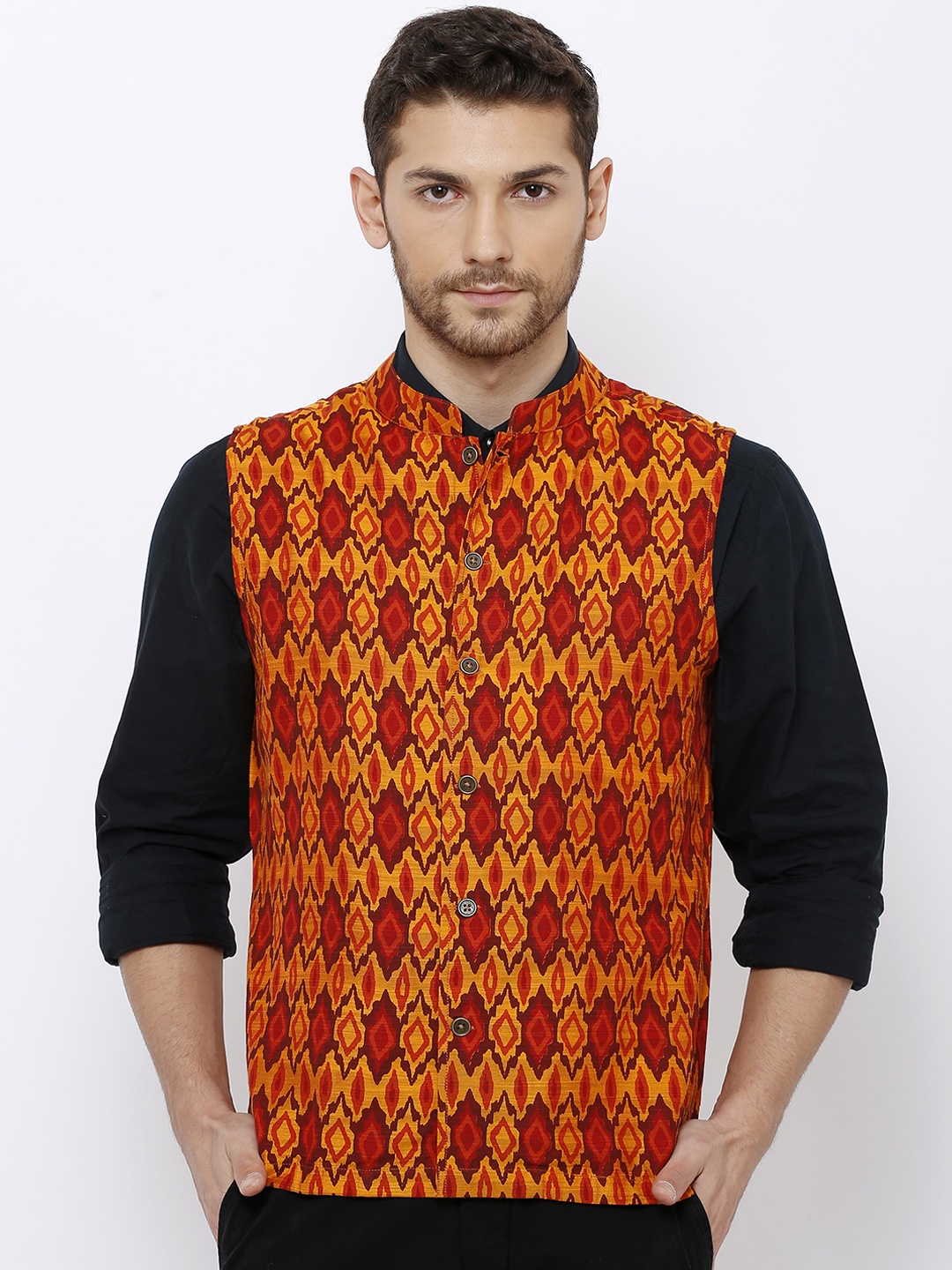 

SALWAR STUDIO Men Orange & Yellow Printed Pure Cotton Nehru Jacket