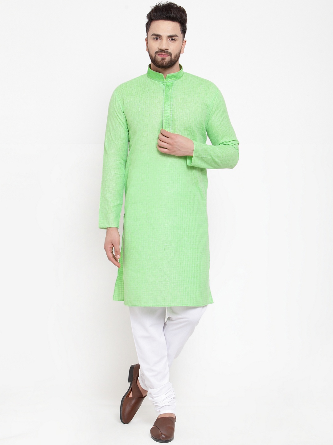 

Jompers Men Green & White Embroidered Kurta with Churidar