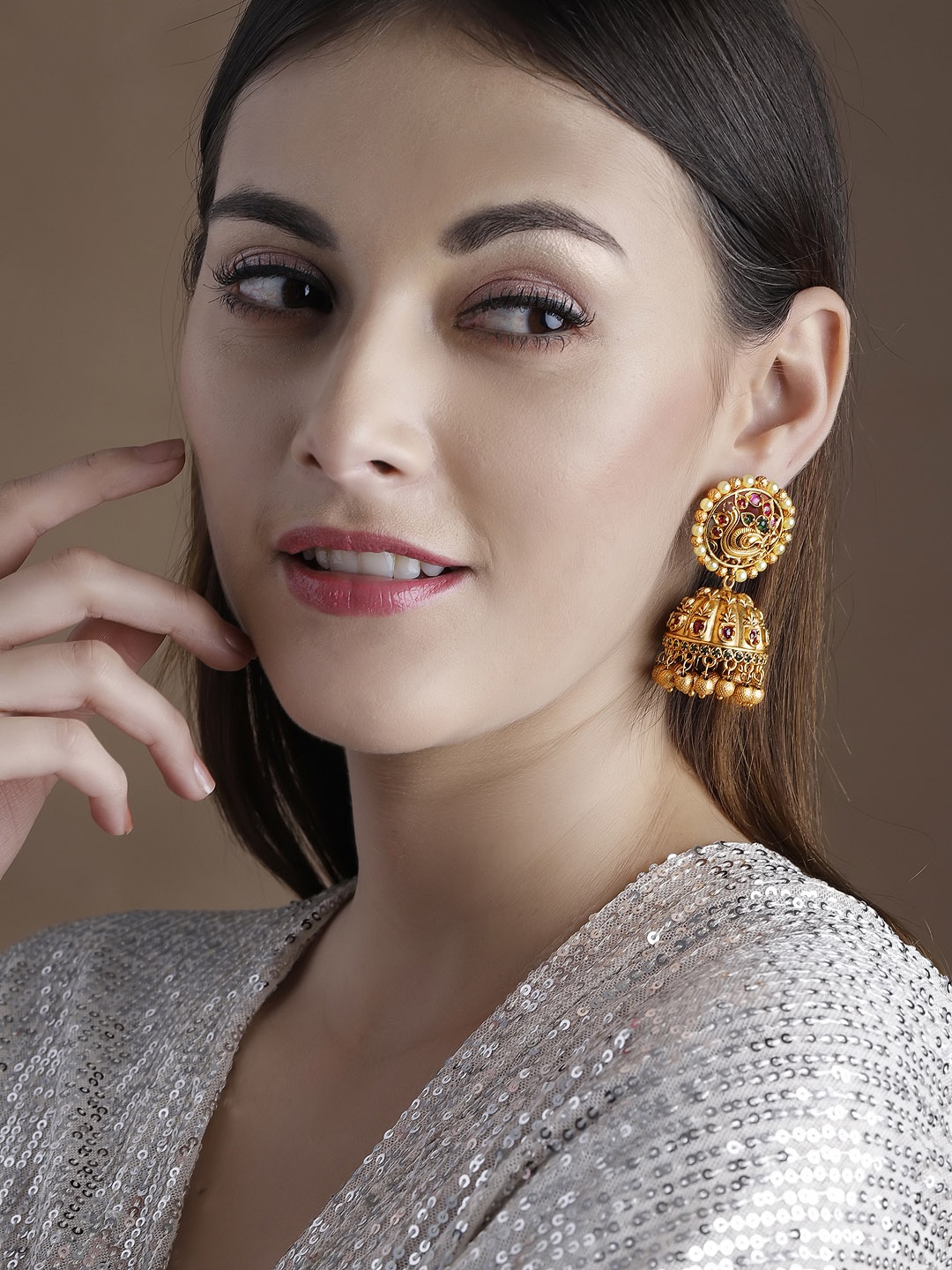 

Rubans 22K Gold Plated Handcrafted Traditional Temple Jhumka Earrings