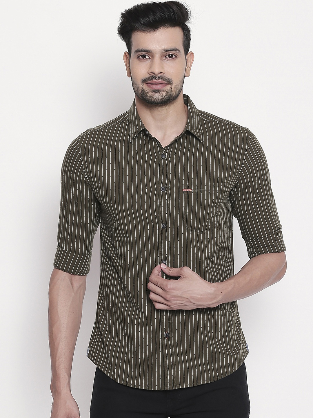 

SPYKAR Men Olive Green & White Slim Fit Striped Casual Shirt