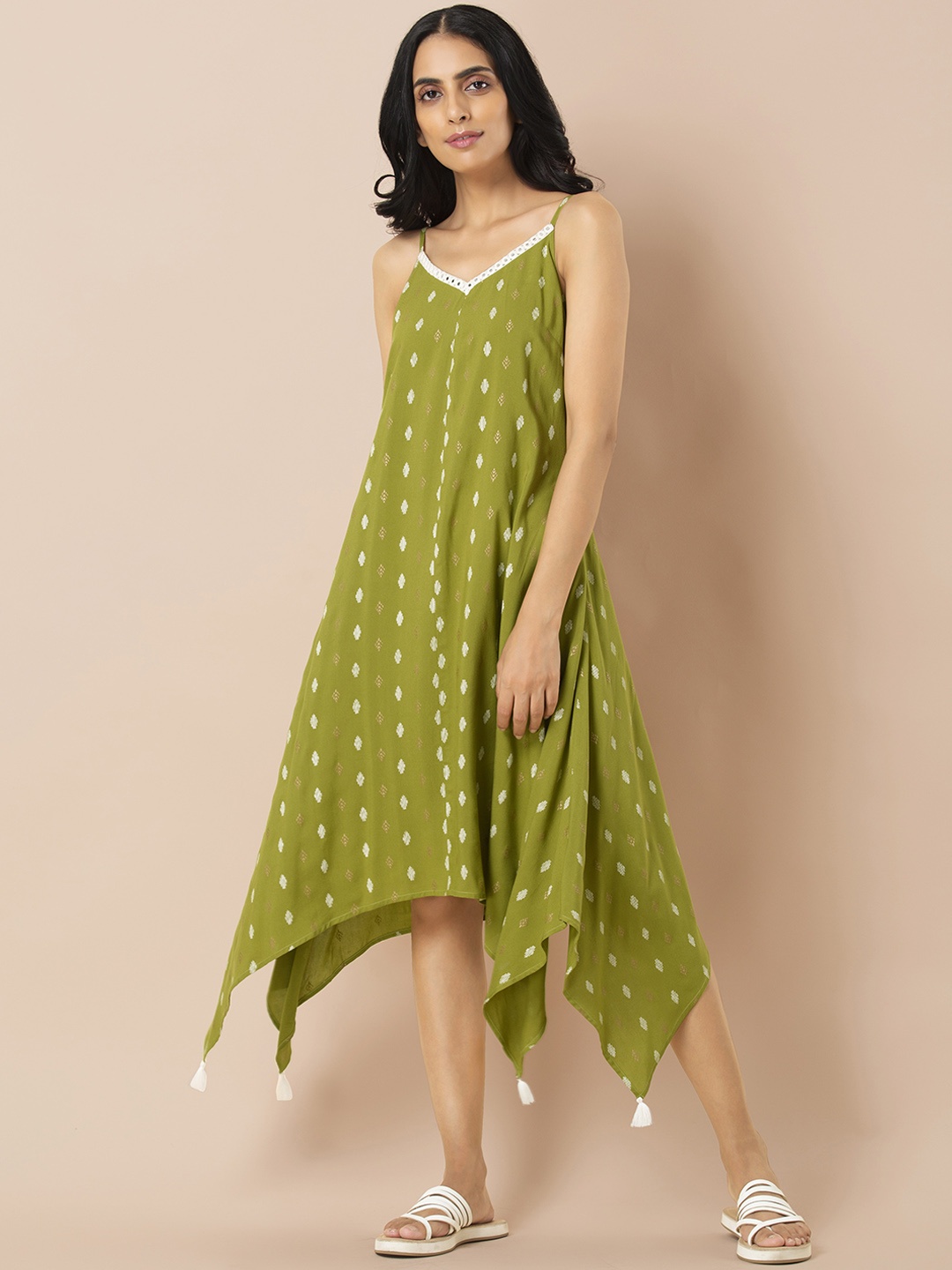 

INDYA Women Green Printed A-Line Dress