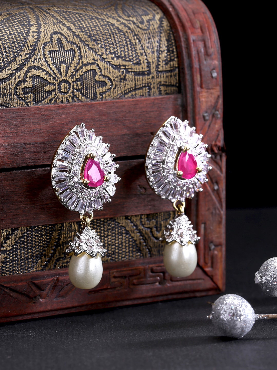 

Yellow Chimes Gold-Plated Pink & White AD Studded Teardrop Shaped Drop Earrings