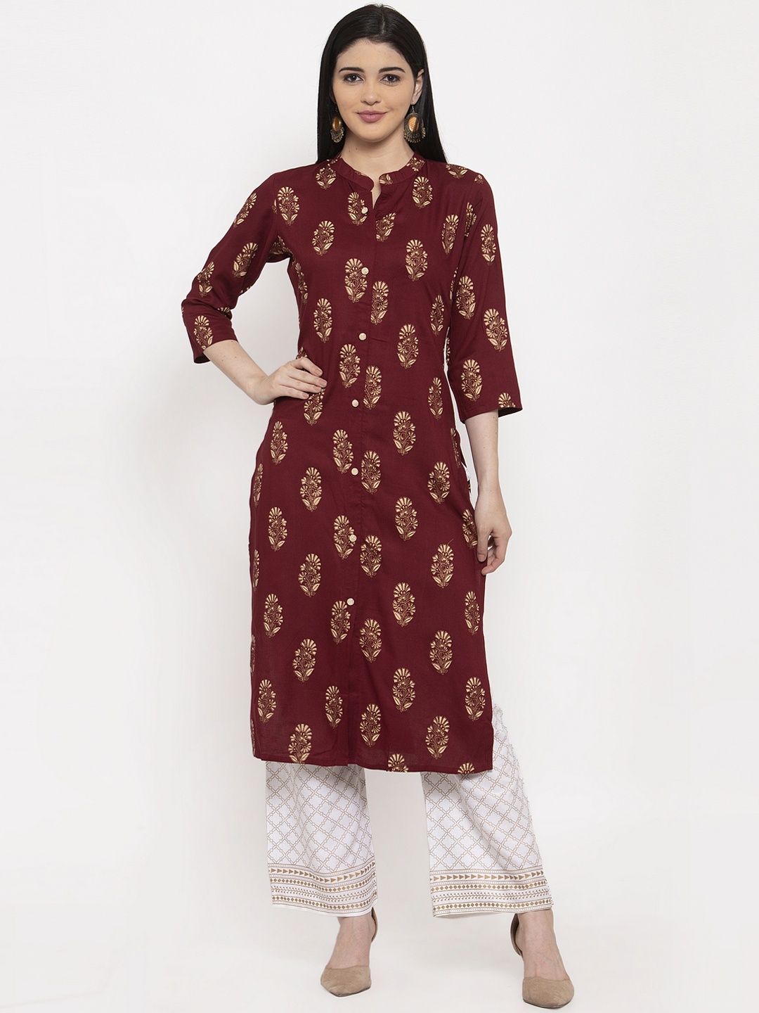 

ANAISA Women Maroon Foil Printed Kurta with Palazzos