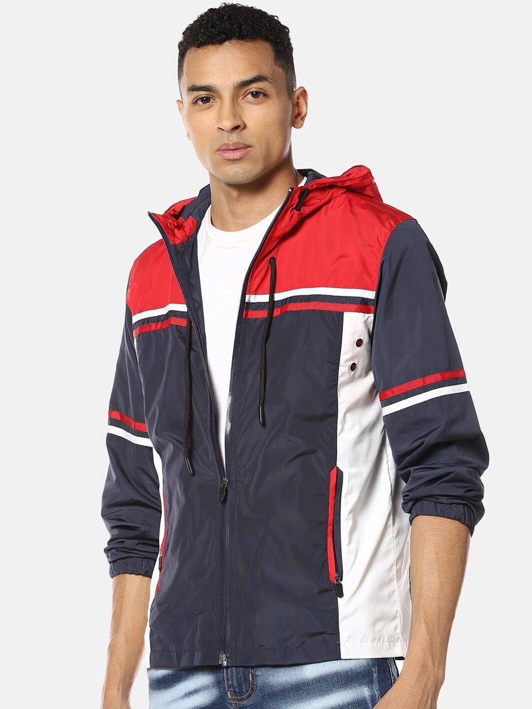 

Campus Sutra Men Navy Blue Colourblocked Windcheater Hooded Sporty Jacket