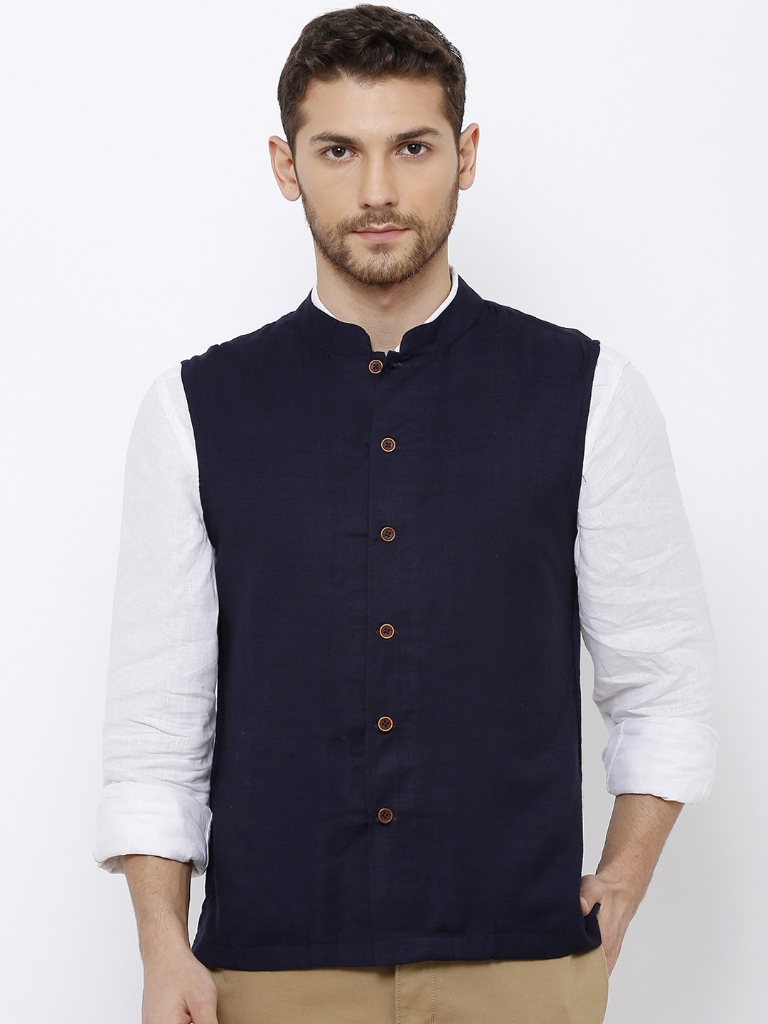 

SALWAR STUDIO Men Navy Blue Solid Pure Cotton Nehru Jacket