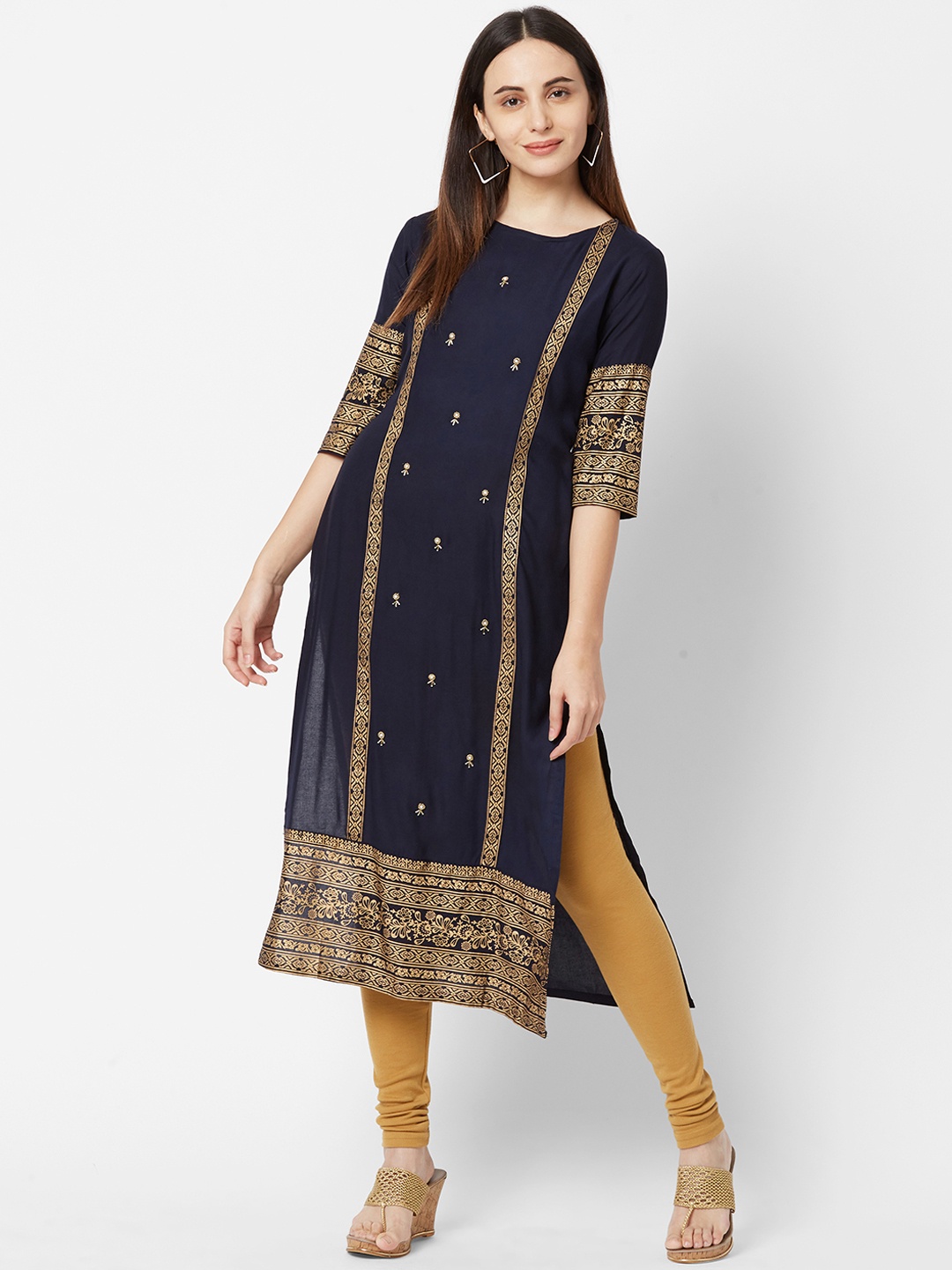 

FASHOR Women Navy Blue & Beige Embellished Straight Kurta