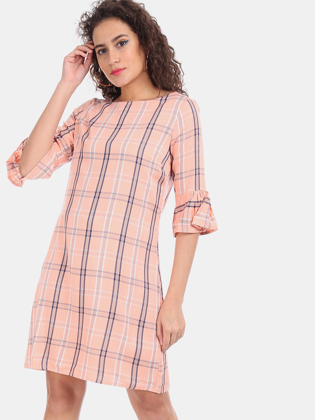 

Bronz Women Peach-Coloured Checked A-Line Dress