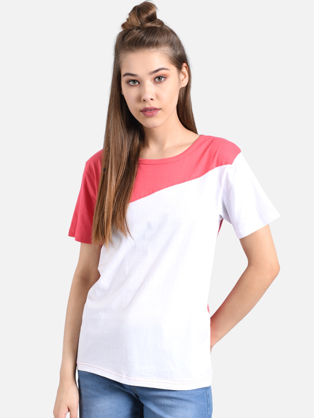 

Kotty Women White & Pink Colourblocked Round Neck T-shirt