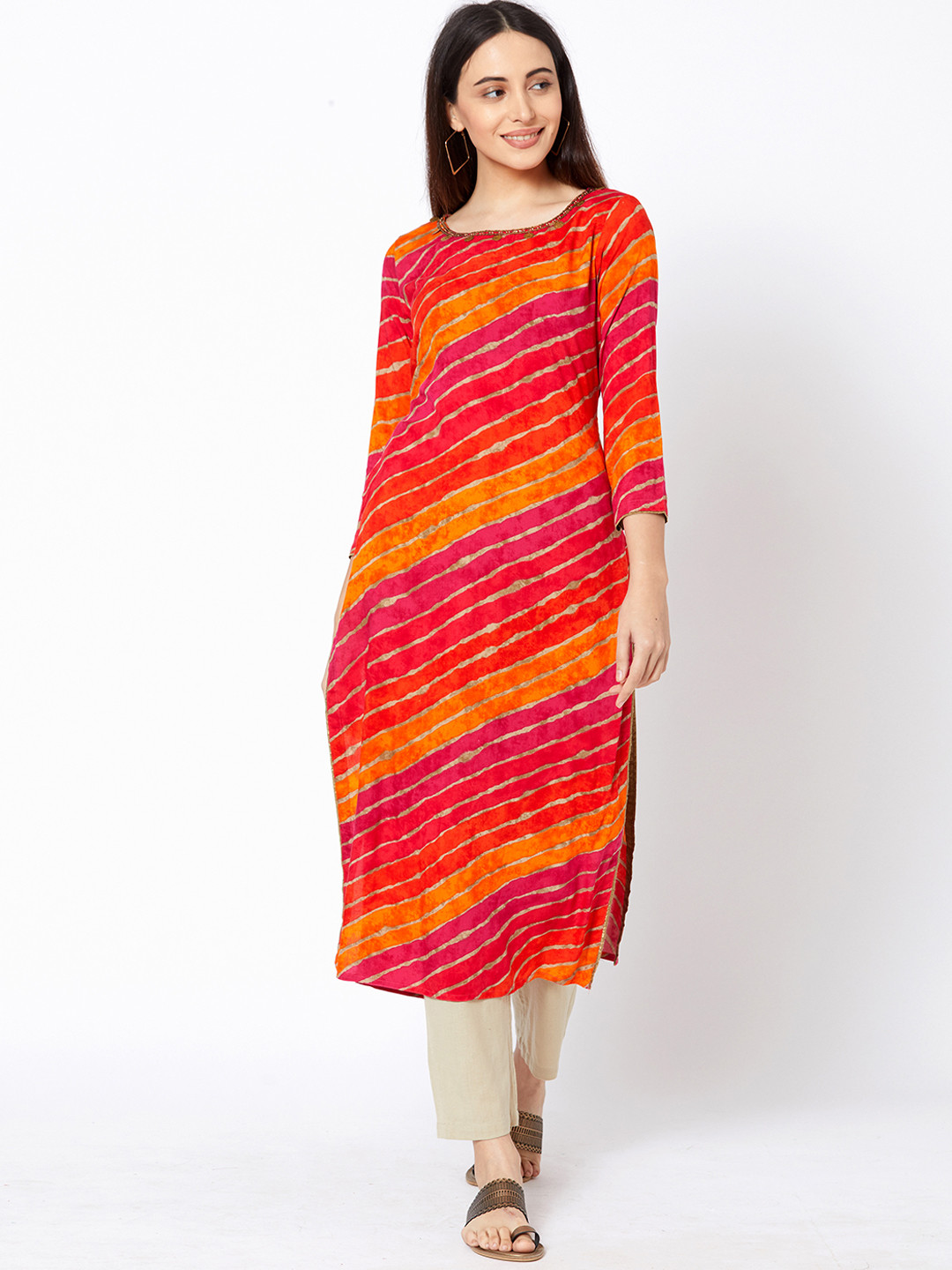 

FASHOR Women Orange & Pink Leheriya Printed Straight Kurta