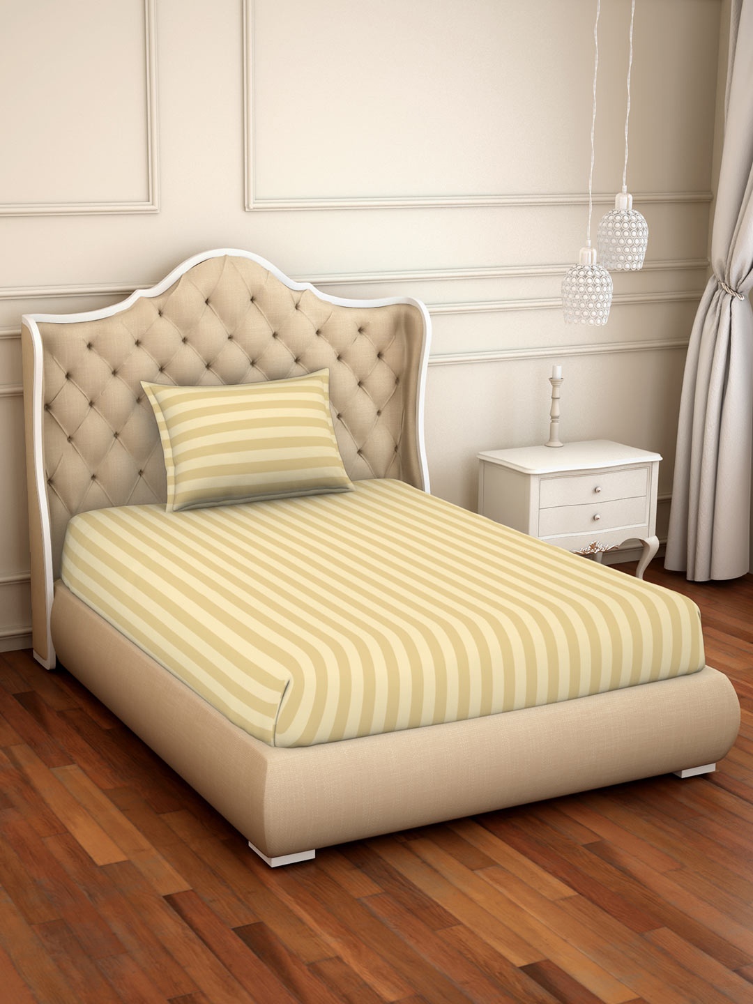 

SPACES Beige Striped 210 TC Cotton 1 Single Bedsheet with 1 Pillow Cover