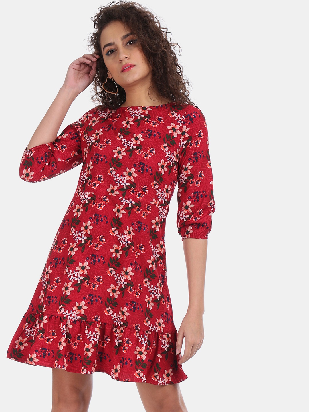 

Bronz Women Red Floral Print A-Line Dress