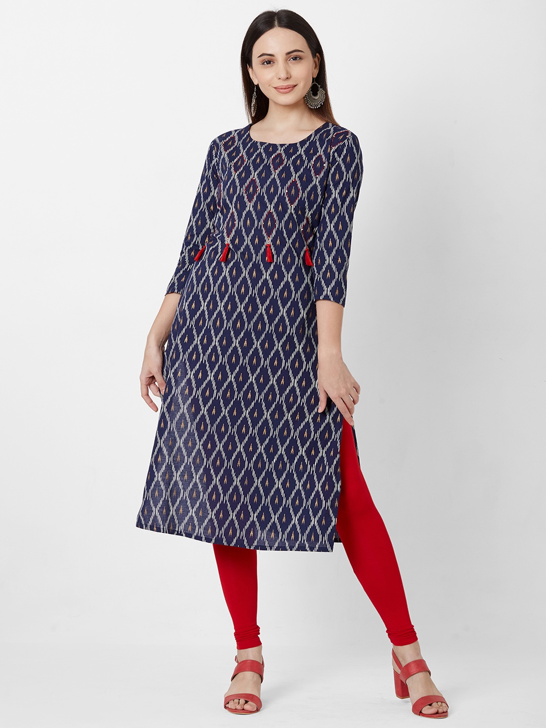 

FASHOR Women Navy Blue & White Printed Straight Kurta