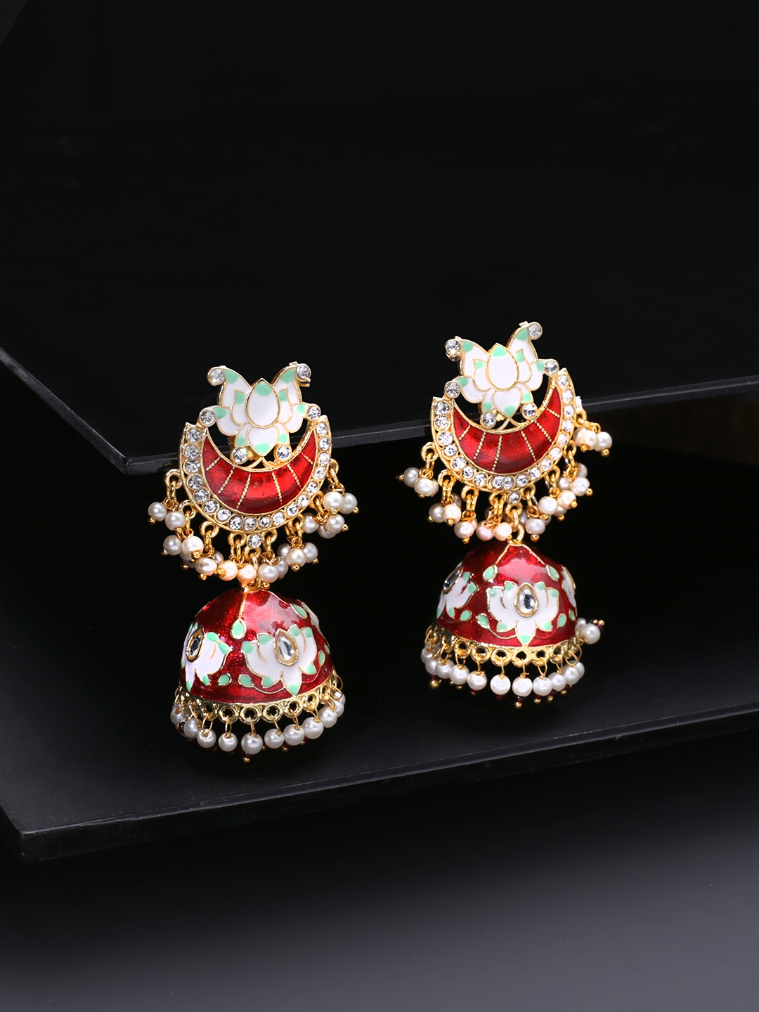 

Yellow Chimes Woman Gold-Plated Meenakari Floral Jhumkas Earring, Red