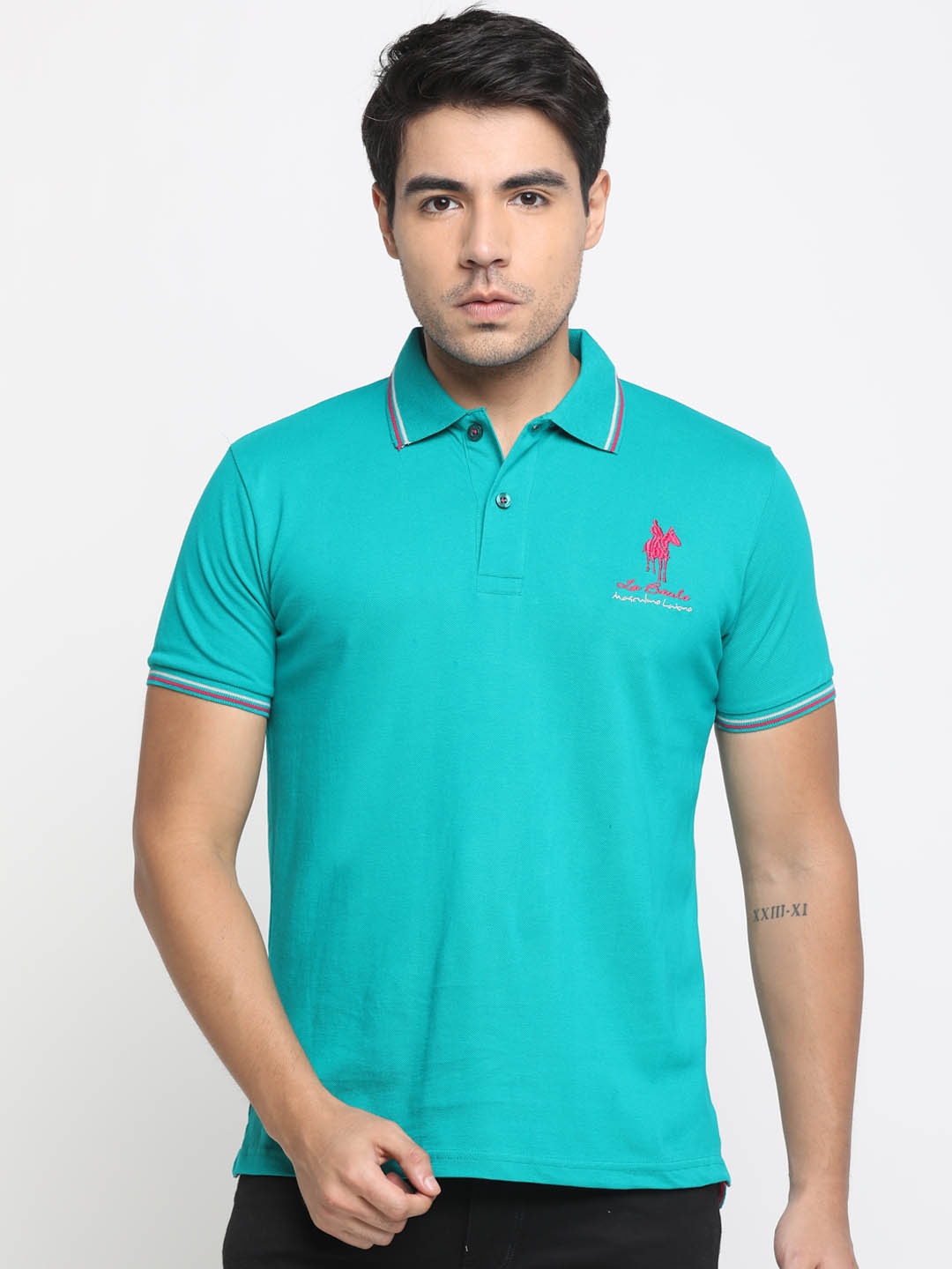 

Masculino Latino Men Turquoise Blue Solid Polo Collar T-shirt