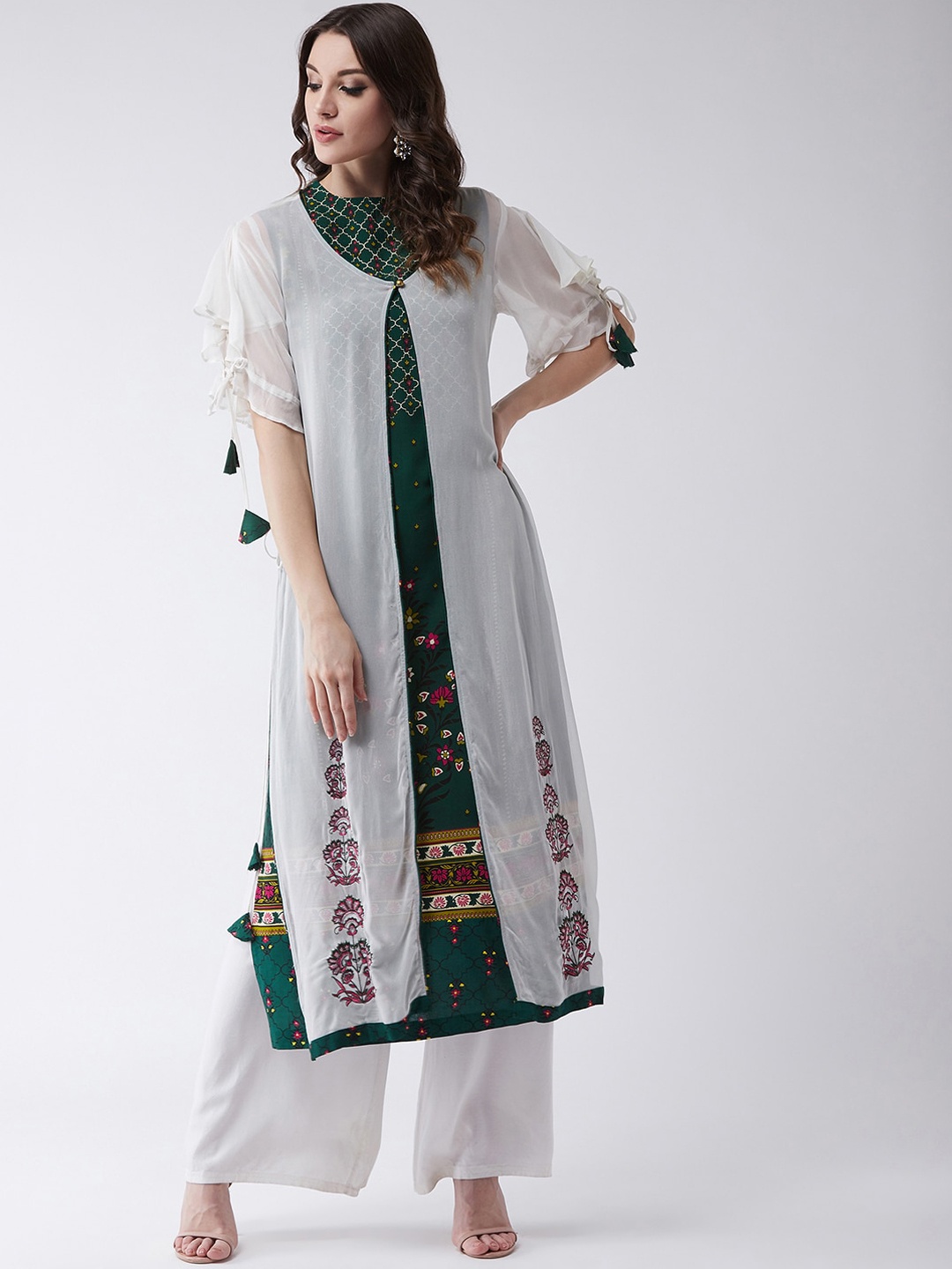 

Pannkh Women Green & White Printed Straight Kurta With Shrug
