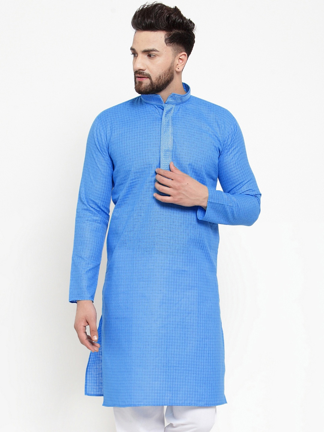 

Jompers Men Blue Checked Straight Kurta