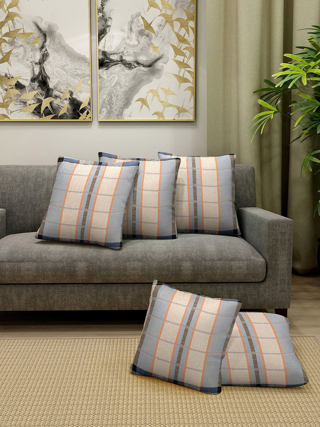 

KLOTTHE Set Of 5 Blue & Beige Checked Square Cushions