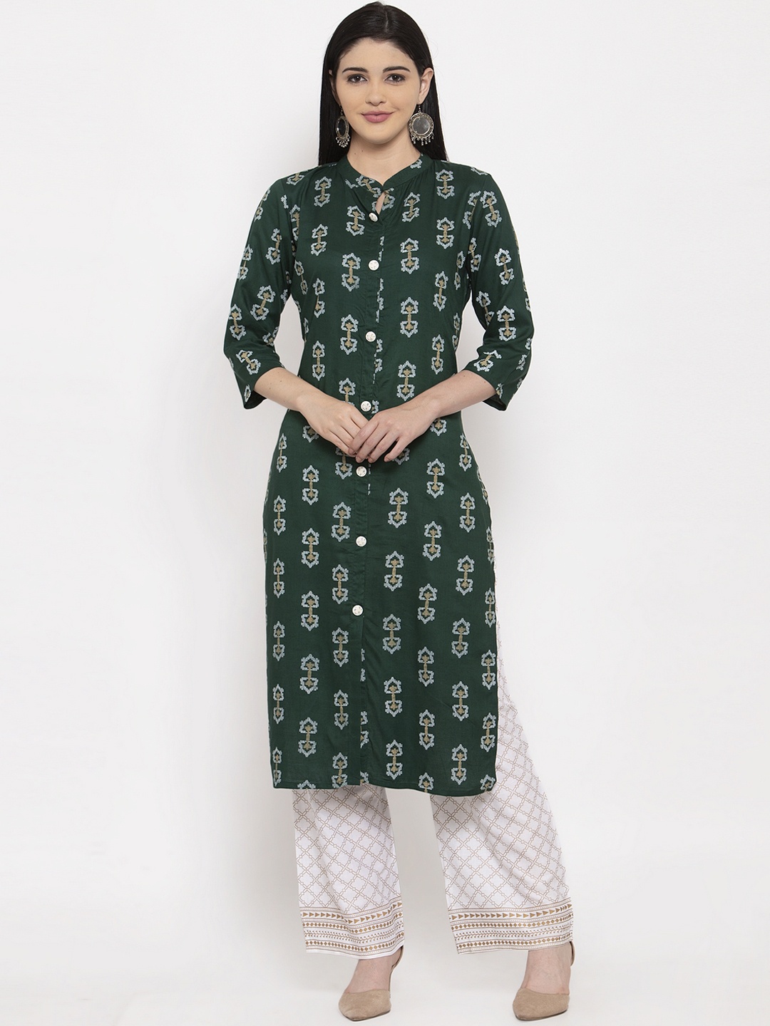 

ANAISA Women Green & White Foil Printed Kurta with Palazzos
