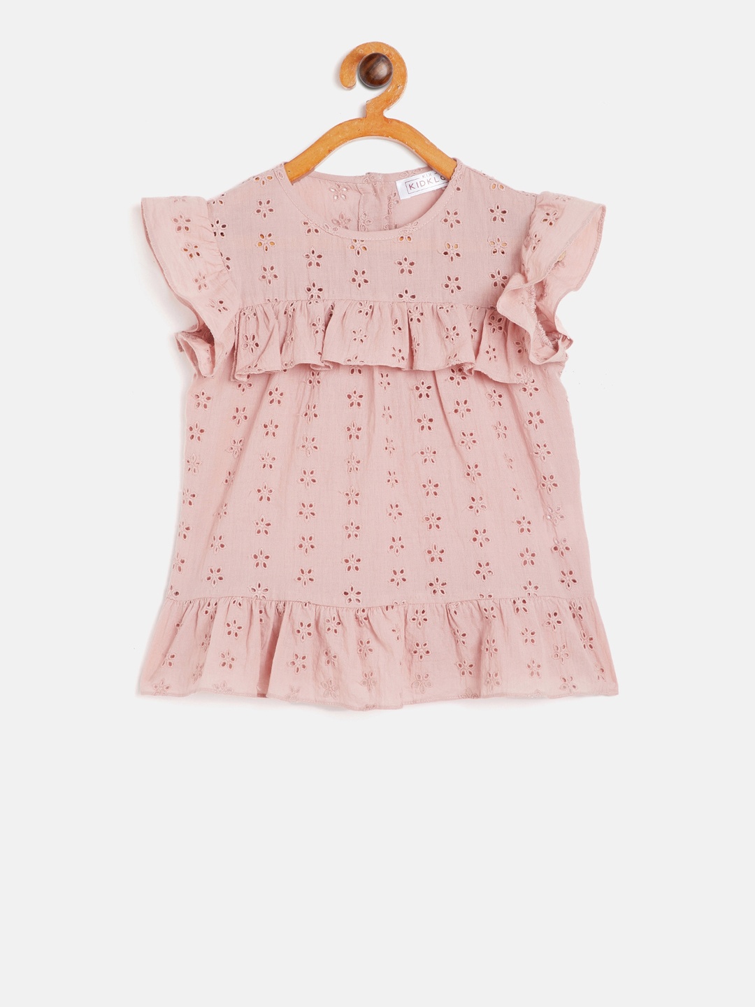KIDKLO Girls Pink Self Design Schiffli Pure Cotton Top