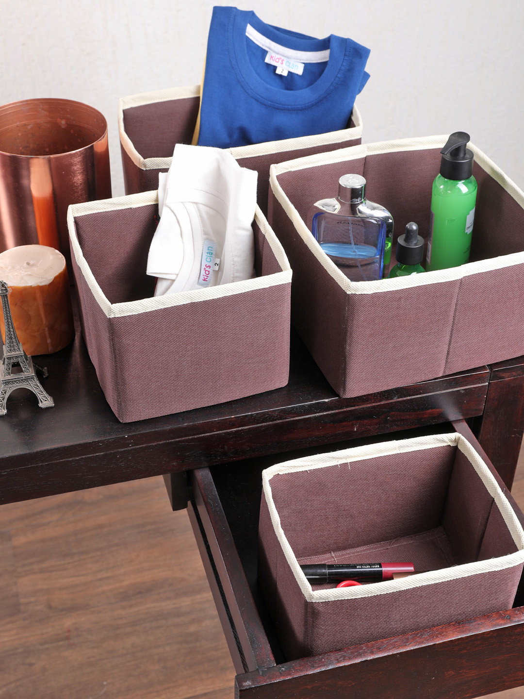

My Gift Booth Set Of 4 Brown & White Solid Multi-Utility Drawer Organisers