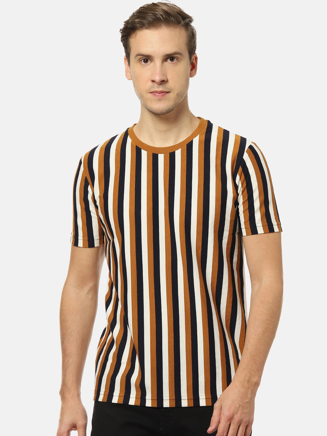 

Campus Sutra Men White & Black Striped Round Neck T-shirt