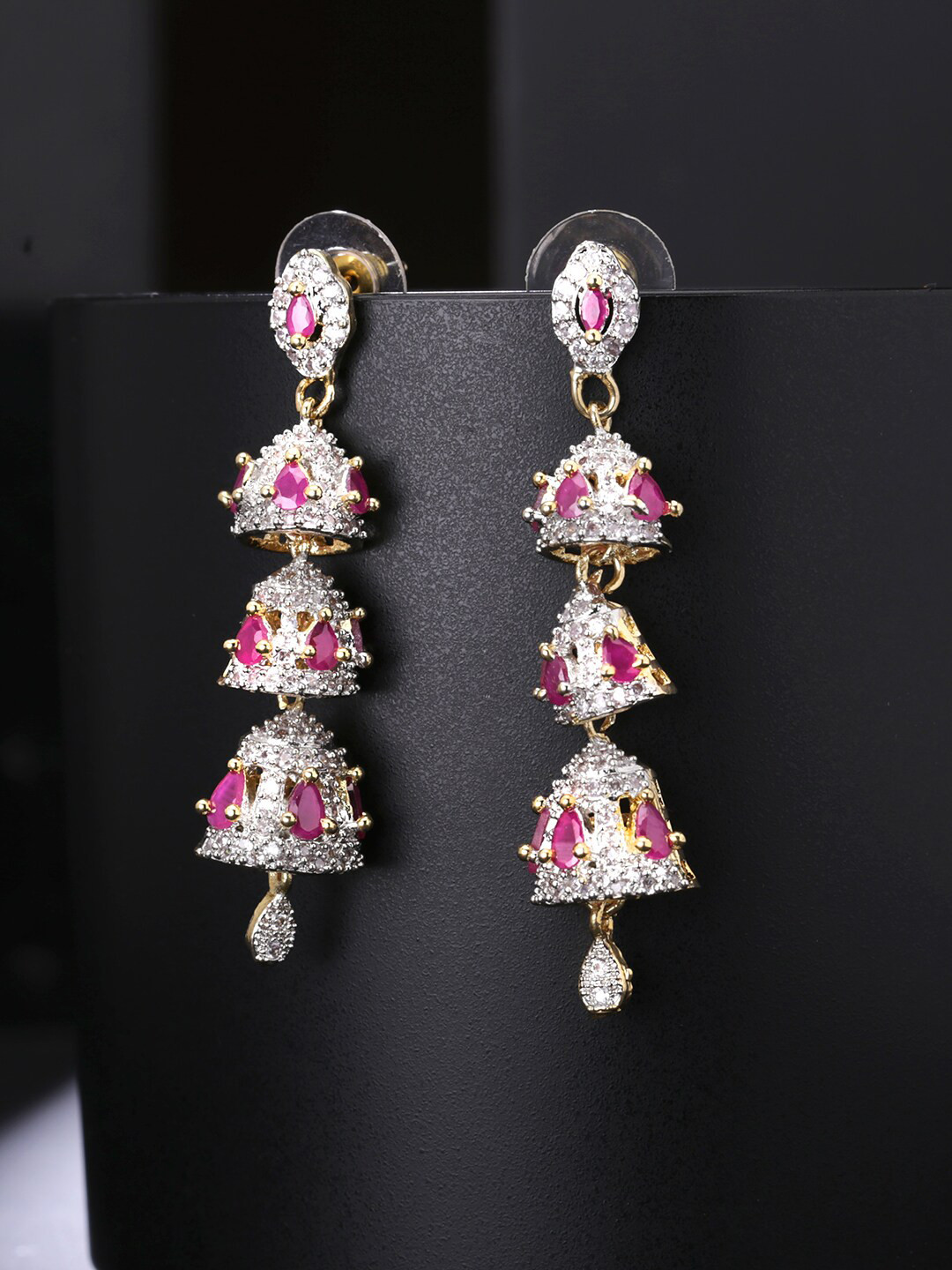 

Yellow Chimes Pink & White Gold-Plated Layered Handcrafted AD Studded Classic Jhumkas