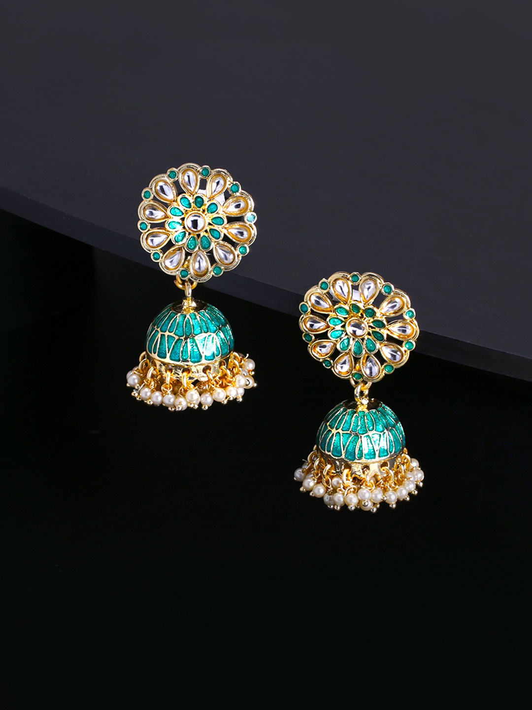 

Yellow Chimes Green & White Gold Plated Handpainted Meenakari Jhumka Earrings